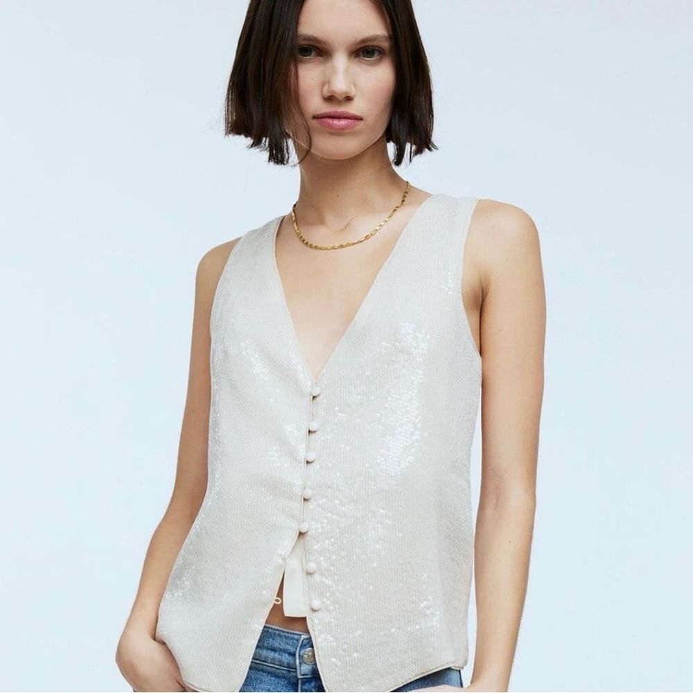 NWT Madewell Sequin Cutaway Vest Top Ivory Button Front Tailored Sz 0 Party Glam